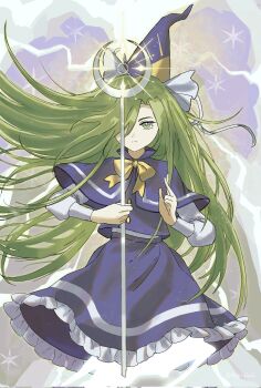 Rule 34 | 1girl, aeginflash, blue capelet, bow, bowtie, capelet, crescent, dress, green eyes, green hair, hat, highres, long hair, long sleeves, mima (touhou), ribbon, staff, sun print, sun symbol, touhou, touhou (pc-98), wizard hat, yellow bow, yellow bowtie