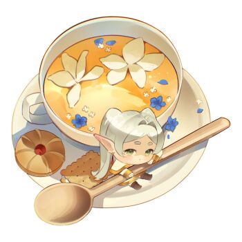 1girl absurdres blue_flower boots brown_boots capelet chibi chibi_only closed_mouth cookie cracker cup dot_mouth earrings elf flower food frieren from_above gold_trim green_eyes grey_hair highres holding holding_spoon ikachyu jewelry long_hair parted_bangs pointy_ears skirt solo sousou_no_frieren spoon teacup thick_eyebrows twintails white_background white_capelet white_flower white_skirt