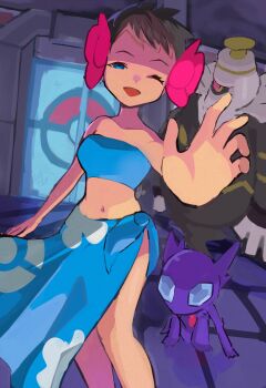 1girl absurdres bandeau bare_shoulders black_hair blue_bandeau blue_eyes blue_sarong breasts brown_hair dark-skinned_female dark_skin dusknoir floral_print flower gen_3_pokemon gen_4_pokemon hair_flower hair_ornament highres looking_at_viewer navel nintendo one_eye_closed open_mouth phoebe_(pokemon) pokemon pokemon_(creature) pokemon_rse print_sarong rasoso_(wyzx4524) sableye sarong short_hair smile strapless