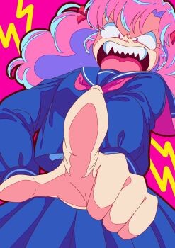 1girl blue_sailor_collar blue_serafuku blue_shirt blue_skirt commentary constricted_pupils from_below hair_ribbon highres lightning_bolt_symbol long_hair looking_at_viewer neckerchief nka_46 pink_background pink_eyes pink_hair pleated_skirt pointing pointing_at_viewer ran_(urusei_yatsura) red_neckerchief red_ribbon ribbon sailor_collar school_uniform serafuku sharp_teeth shirt skirt solo standing teeth undershirt upper_teeth_only urusei_yatsura v-shaped_eyes white_shirt