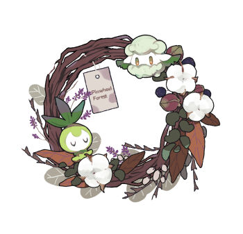brown_eyes closed_eyes commentary_request cottonee flower gen_5_pokemon highres label leaf looking_down mimura_(nnnnnnnnmoo) nintendo no_humans petilil pokemon pokemon_(creature) simple_background u_u white_background white_flower