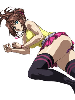 1girl :o ass belt black_thighhighs blue_eyes bracelet breasts brown_hair commentary_request daraz hair_ornament hair_scrunchie highres invisible_floor jewelry looking_at_viewer lying mazaki_anzu miniskirt necklace official_alternate_costume official_alternate_hairstyle on_side panties pantyshot pink_skirt ponytail purple_panties scrunchie simple_background skirt sleeveless solo sweater thick_thighs thighhighs thighs turtleneck turtleneck_sweater underwear white_background white_belt yellow_sweater yu-gi-oh! yu-gi-oh!_the_dark_side_of_dimensions zettai_ryouiki