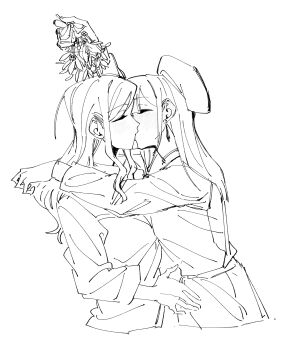 2girls absurdres bang_dream! bang_dream!_it's_mygo!!!!! blush chinese_commentary closed_eyes commentary_request dress earrings greyscale hat highres jewelry kiss kokutouemmm mistletoe monochrome mortis_(bang_dream!) mortis_(costume)_(bang_dream!) multiple_girls nagasaki_soyo wakaba_mutsumi yuri