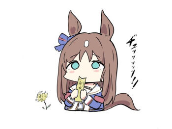 Rule 34 | 1girl, animal ears, blue bow, blue jacket, bow, brown hair, chibi, cropped torso, ear bow, flower, grass wonder (stone-piercing blue) (umamusume), grass wonder (umamusume), holding, horse ears, horse girl, horse tail, jacket, kawamochi (kawauti919), long hair, multicolored hair, sailor collar, simple background, solo, striped bow, tail, translation request, two-tone hair, umamusume, upper body, very long hair, white background, white hair, white sailor collar, yellow flower