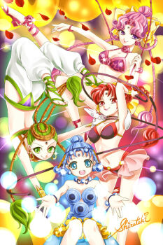 1990s_(style) 4girls :d bindi bishoujo_senshi_sailor_moon bishoujo_senshi_sailor_moon_supers blue_eyes blue_hair bow cerecere_(sailor_moon) choker earrings flower flower_earrings green_eyes green_hair hair_bow hair_bun hair_flower hair_ornament hair_rings hoop_earrings jewelry junjun_(sailor_moon) leotard light_particles long_hair multi-tied_hair multiple_girls multiple_hair_bows open_mouth pallapalla_(sailor_moon) pants petals pink_hair purple_eyes red_eyes red_hair retro_artstyle rose_petals sandals shirataki_kaiseki short_hair signature single_hair_bun smile twintails vesves_(sailor_moon) whip yellow_bow