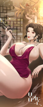 1girl absurdres black_hair breasts cleavage commentary_request dress earrings frate_(fraternite) from_side highres holding holding_smoking_pipe huge_breasts indoors jewelry korean_commentary looking_at_viewer mature_female medium_hair necklace original parted_lips pearl_necklace red_dress red_eyes red_lips sitting sleeveless sleeveless_dress smoking_pipe solo
