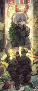 1other absurdres alley backlighting bondrewd book child dido_(dido_200207) dirty dirty_face highres holding holding_book jitome looking_at_viewer made_in_abyss nanachi_(human)_(made_in_abyss) nanachi_(made_in_abyss) other_focus plant poster potted_plant poverty robe sandals shadow standing torn_clothes torn_robe trash wanted_poster white_hair yellow_eyes