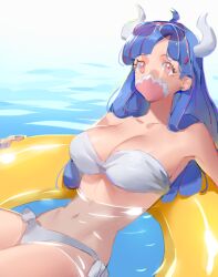 Rule 34 | 1girl, ahoge, bikini, blue hair, commentary, covered mouth, curled horns, dinosaur girl, horns, long hair, mask, mouth mask, multicolored hair, one piece, pink eyes, pink hair, pink mask, raine (acke2445), solo, streaked hair, swim ring, swimsuit, symbol-only commentary, ulti (one piece), water