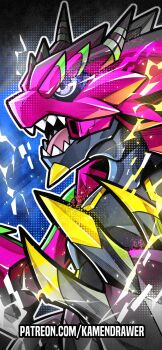 armalizamon armor ashmish commentary digimon digimon_(creature) electricity english_commentary highres horns lizard no_humans open_mouth pink_armor purple_eyes sharp_teeth teeth upper_body watermark web_address