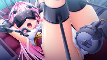 1girl aikawa_haruno arms_up bdsm blush bondage bound breasts censored covered_erect_nipples exs-tia_ignis forced_orgasm game_cg hair_intakes head-mounted_display indoors kamitsurugi_ouka kouyoku_senki_exs-tia_concert large_variant_set leotard long_hair lying mosaic_censoring nipple_stimulation nipple_tweak non-web_source official_art on_back open_mouth orgasm panties pink_hair pussy_juice pussy_juice_stain restrained sex_machine solo stationary_restraints underwear variant_set white_leotard