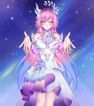 1girl amphoreus_(honkai:_star_rail) aqua_hair bare_shoulders breasts commentary cyrene_(demiurge)_(honkai:_star_rail) cyrene_(honkai:_star_rail) diamond-shaped_pupils diamond_(shape) dress flower garnoda hair_flower hair_ornament highres honkai:_star_rail honkai_(series) large_breasts long_hair looking_at_viewer mobius_strip multicolored_hair pink_hair pointy_ears purple_eyes sky solo star_(sky) starry_sky symbol-shaped_pupils thighs very_long_hair white_dress white_hair