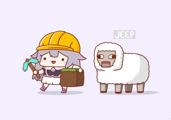 1girl absurdres alternate_headwear animal block_(minecraft) chest_jewel chibi dress full_body gem gradient_hair hair_flaps happy hard_hat helmet highres holding holding_pickaxe hololive hololive_english koseki_bijou koseki_bijou_(1st_costume) long_hair minecraft_pickaxe multicolored_hair open_mouth phdpigeon pickaxe purple_hair shadow sheep sheep_(minecraft) simple_background single_arm_guard smile solid_circle_eyes solo virtual_youtuber walking wall-eyed white_background yellow_helmet