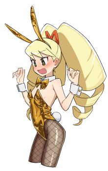 1girl animal_ears bare_shoulders blonde_hair bow bowtie breasts cropped_legs detached_collar drill_hair embarrassed fake_animal_ears fake_tail fishnet_pantyhose fishnets from_side gold_bow gold_buttons gold_leotard hair_ribbon hands_up highres leotard loli looking_down luna_platz_(mega_man) mega_man_(series) mega_man_star_force_(series) no_nose ogi_non open_mouth pantyhose playboy_bunny rabbit_ears rabbit_tail red_ribbon ribbon shiny_pantyhose small_breasts solo tail twin_drills wrist_cuffs yellow_eyes