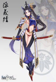 1girl absurdres alternate_costume armor asymmetrical_sleeves bare_shoulders black_hair blue_eyes blue_gloves breast_curtain breast_curtains breasts chinese_commentary commentary_request crest family_crest fate/grand_order fate_(series) feather_hair_ornament feathers full_body gloves hair_ornament hat highres holding holding_sheath holding_sword holding_weapon japanese_armor katana kusazuri large_breasts long_hair looking_at_viewer medium_breasts mismatched_sleeves navel open_mouth panties parted_bangs pom_pom_(clothes) qingyuan red_panties revealing_clothes scabbard sheath sheathed shoulder_armor side_ponytail sode solo sword tassel tate_eboshi translation_request underwear ushiwakamaru_(fate) very_long_hair weapon