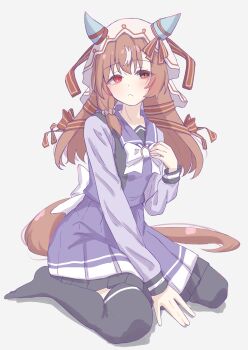 1girl animal_ears black_thighhighs blush bow breasts brown_hair closed_mouth ear_covers frown hair_between_eyes hair_ornament hair_ribbon highres horse_ears horse_girl horse_tail long_hair long_sleeves looking_at_viewer multicolored_hair purple_sailor_collar purple_serafuku purple_shirt purple_skirt red_eyes ribbon sailor_collar sailor_shirt school_uniform serafuku shirt simple_background sitting skirt solo still_in_love_(umamusume) streaked_hair tail thighhighs tofu_thunder tracen_school_uniform umamusume veil wariza white_bow white_hair white_veil