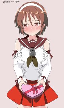 Rule 34 | 1girl, absurdres, blush, box, breasts, brown eyes, brown hair, candy, chocolate, chocolate heart, commentary request, cowboy shot, detached sleeves, food, grey background, hairband, happy valentine, heart, heart-shaped box, heart-shaped food, highres, kantai collection, large breasts, looking at viewer, natori (kancolle), natsuta kousuke, pleated skirt, sailor collar, school uniform, serafuku, short hair, skirt, solo, valentine, white hairband