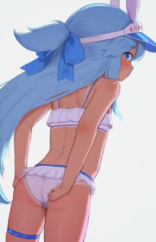 0rg 1girl adjusting_clothes adjusting_swimsuit animal_ears ass bemani bikini blue_bow blue_eyes blue_hair blush bow closed_mouth frilled_bikini frills from_behind highres long_hair looking_at_viewer looking_back noah_(sound_voltex) solo sound_voltex swimsuit tail tan tanline very_long_hair white_bikini