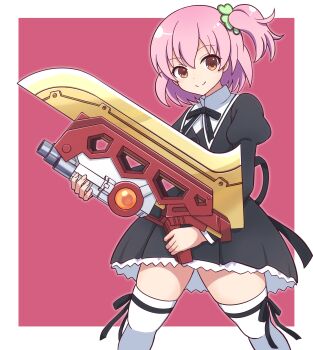 Rule 34 | 1girl, assault lily, black ribbon, border, cowboy shot, highres, hitotsuyanagi riri, holding, holding weapon, juliet sleeves, long sleeves, looking at viewer, orange eyes, piatin, pink hair, puffy sleeves, ribbon, short hair, side ponytail, simple background, smile, solo, thighhighs, weapon, white border, white thighhighs, zettai ryouiki