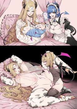 1boy 2girls absurdres age_difference animal_print apron baby bed blonde_hair blue_eyes blue_hair bottomless bouncing_breasts breasts clothed_sex demon_boy demon_girl demon_tail elbow_gloves functionally_nude giving_birth gloves high_heels highres horns incest instant_loss josou_seme large_breasts leash leg_grab leg_raise long_hair lying maid maid_apron maid_headdress monster_boy monster_girl mother_and_son multiple_girls naidong_(artist) navel nipples nude on_back original penis pillow pointy_ears pussy rattle red_eyes sex shoes short_hair shota spread_legs tail thighhighs tongue tongue_out trap trap_on_female vaginal wide_hips yellow_eyes