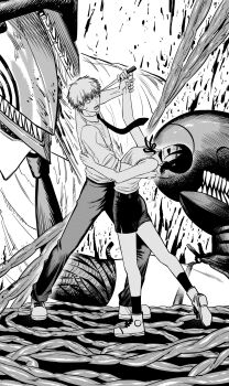 1boy 1girl absurdres blood blood_splatter blush bomb_devil_(chainsaw_man) chainsaw_man choker collared_shirt dagger dancing denji_(chainsaw_man) dress_shirt fujimoto_tatsuki_(style) full_body greyscale hair_between_eyes highres holding holding_another&#039;s_wrist holding_dagger holding_knife holding_weapon kiunchiku knife laughing monochrome neck_ribbon necktie panicking pants reze_(chainsaw_man) ribbon sharp_teeth shirt shoes short_hair shorts sleeveless sleeveless_shirt sneakers sweat teeth waltz_(dance) weapon