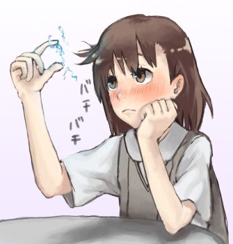 00s bad_id bad_pixiv_id blush brown_eyes brown_hair electricity electrokinesis korosuke1 messy_hair misaka_mikoto school_uniform sitting solo static static_cling sweater_vest table toaru_kagaku_no_railgun toaru_majutsu_no_index