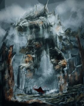 Rule 34 | 1boy, 1other, anvil (shadow slave), artskiddy69, cloak, column, creature, debris, floating, floating object, floating sword, floating weapon, fog, forest, full body, giant, highres, nature, pillar, red cloak, ruins, shadow slave, size difference, standing, sword, tree, weapon, wind, wind lift