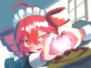1girl ahoge alternate_costume blush commentary_request drill_hair enmaided food heart heart-shaped_pupils heart_hands highres kasane_teto maid maid_headdress moe_moe_kyun! omelet omurice red_eyes red_hair solo subsaki_1 symbol-shaped_pupils twin_drills utau