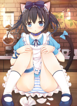 1girl :< accident animal_collar animal_ears apron bag bare_legs black_hair blue_eyes blue_shoes blush bow broken_cup cameltoe cat_ears cat_tail coffee_maker collar cup female_focus frilled_apron frills hair_bow hair_ribbon hairband hands_on_own_knees highres indoors knees_up light_bulb loli looking_at_viewer maid mary_janes miniskirt on_floor original panties pantyshot puffy_short_sleeves puffy_sleeves ribbon sakuraba_hikaru_(loveindog) shoes short_hair short_sleeves sitting skirt socks solo striped_clothes striped_panties tail tail_bow tail_ornament triangle_mouth twintails underwear white_socks wrist_cuffs wrist_ribbon