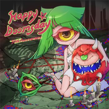 1girl anniversary cacodemon candle cyclops demon_horns doom_(series) doom_i dress english_text feet fire green_eyes green_hair horns kurashiki_nanka looking_at_viewer one-eyed pentagram personification sleeveless sleeveless_dress solo white_dress