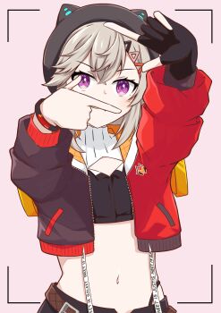 1girl absurdres animal_hat belt black_gloves black_hat blonde_hair brown_belt cat_hat commentary cropped_jacket fingerless_gloves gloves hair_ornament hairclip hat highres jacket komori_met komori_met_(5th_costume) navel open_clothes open_jacket purple_eyes solo suika_(suica_icesoda) virtual_youtuber vspo!