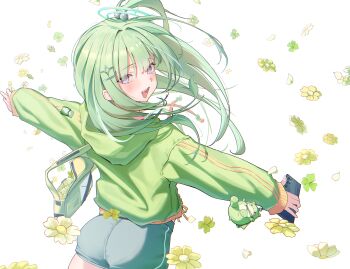 Rule 34 | 1girl, absurdres, ass, bag, blush, cellphone, character charm, charm (object), chico (yuzuha riko), clover, commentary, cowboy shot, falling flower, falling petals, flower, four-leaf clover, green bag, green hair, green hoodie, grey eyes, grey shorts, highres, holding, holding phone, hood, hood down, hoodie, kitsune hero, korean commentary, long hair, long sleeves, looking at viewer, open mouth, outstretched arms, petals, phone, short shorts, shorts, simple background, smartphone, smile, solo, spread arms, standing, stellive, turning head, virtual youtuber, white background, yellow flower, yuzuha riko