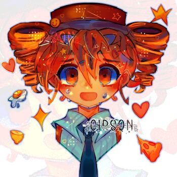 1girl artist_name blue_necktie blue_shirt cirsqn collared_shirt commentary cropped_head double-parted_bangs drill_hair egg_(food) food fruit hair_between_eyes hat heart highres kasane_teto lemon looking_at_viewer mesmerizer_(vocaloid) necktie open_mouth pizza pizza_slice red_eyes red_hair red_hat shirt short_hair smile solo straight-on sweat twin_drills utau white_background zoom_layer