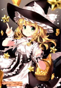 1girl :d absurdres basket black_background black_bow black_dress black_hat blonde_hair bow braid crystal curiosities_of_lotus_asia dress gem gradient_background green_eyes grin hair_bow hat hat_bow hat_ribbon highres index_finger_raised kirisame_marisa long_hair looking_at_viewer mimi_(mimi_puru) open_mouth puffy_short_sleeves puffy_sleeves ribbon scan short_sleeves side_braid single_braid smile solo star_(symbol) third-party_source touhou two-tone_dress white_background white_bow white_dress white_ribbon witch_hat wrist_cuffs yellow_gem