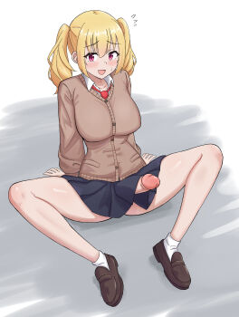 1futa :d absurdres accidental_exposure bare_legs blonde_hair blush breasts brown_shoes cardigan commentary embarrassed english_commentary erection fallen_down flying_sweatdrops full_body futanari highres kurofuro large_breasts loafers long_hair miniskirt necktie open_mouth original penis pink_eyes red_necktie school_uniform shirt shoes skirt smile socks solo twintails uncensored white_shirt white_socks