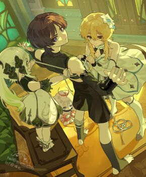 1boy 3girls anklet armlet armor black_bridal_gauntlets black_hair black_scarf black_shirt black_shorts blonde_hair blue_trim blunt_ends bridal_gauntlets bright_pupils chair closed_mouth detached_sleeves door doorway dress eyelashes eyeliner eyeshadow from_above genshin_impact gold gold_trim green_eyes green_hair green_sleeves grey_pupils hair_between_eyes hair_ornament halo halterneck heart heart_hair_ornament highres indoors japanese_armor jewelry kote kurokote lofter_username long_hair long_sleeves looking_at_another looking_back lumine_(genshin_impact) makeup measuring mechanical_halo middle_eastern_architecture miemiebei multicolored_hair multiple_girls nahida_(genshin_impact) on_chair open_hands outstretched_arms paimon_(genshin_impact) pointy_ears purple_eyes red_eyeliner red_eyeshadow romper scaramouche_(genshin_impact) scarf shirt short_hair short_hair_with_long_locks shorts side_ponytail sidelocks smile socks split_mouth spread_arms squatting standing standing_on_chair stirrup_footwear stirrup_legwear streaked_hair tape_measure thighhighs toeless_legwear toes tsurime twitter_username wanderer_(genshin_impact) white_dress white_hair white_pupils white_romper white_scarf white_sleeves white_socks white_thighhighs window yellow_eyes