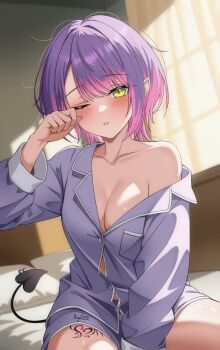1girl arm_up armpit_crease bed blurry blurry_background blush breasts buttons cleavage collarbone commentary_request curtains demon_tail fingernails green_eyes highres hololive indoors iris_angel12xii leg_tattoo long_sleeves looking_at_viewer medium_breasts no_bra off_shoulder one_eye_closed pajamas parted_lips pillow pink_hair purple_hair purple_pajamas purple_shorts rubbing_eyes short_hair shorts sitting sleepwear sleeve_cuffs solo tail tattoo tokoyami_towa virtual_youtuber