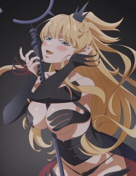 1girl bare_shoulders black_choker blonde_hair blue_eyes blush breasts choker cleavage collarbone corruption detached_sleeves highres holding holding_staff kekkon_yubiwa_monogatari large_breasts leaning_forward lips long_hair long_sleeves nonaka_himeno official_art panties revealing_clothes seductive_gaze seductive_smile smile staff thighs thong underwear