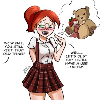 lech_lewds natalie_collins_(lech_lewds) nerdy_female school_uniform stuffed_animal stuffed_toy teddy_bear