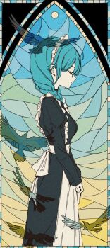 1girl apron aqua_hair bird black_dress bow braid closed_eyes closed_mouth copyright_request cowboy_shot dress frills from_side highres juliet_sleeves long_hair long_sleeves maid maid_apron maid_headdress mitsubachi_(roundbee) profile puffy_sleeves solo standing twin_braids white_apron