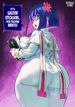 Rule 34 | 1girl, alternate breast size (larger), anger vein, artist name, ass, bible (object), blunt bangs, bob cut, breasts, capelet, cassock, colored inner hair, dress, english text, huge ass, huge breasts, looking at viewer, looking back, multicolored hair, official alternate costume, official alternate hairstyle, open mouth, panty &amp; stocking with garterbelt, pink hair, priestess, profanity, purple hair, solo, speech bubble, stocking (psg), teeth, the golden smurf, upper teeth only, white capelet, white dress, wide hips