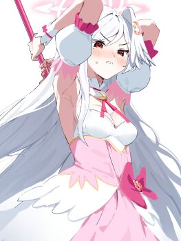 &gt;:( 1girl absurdres armpits blue_archive blush breasts bustier cleavage commentary_request crescent crescent_hair_ornament detached_sleeves dress from_below hair_between_eyes hair_intakes hair_ornament head_wings highres holding holding_staff incoming_attack long_hair mage_staff magical_girl neck_ribbon nose_blush oif4gnhzox93176 parted_bangs pink_dress red_eyes ribbon serious single_head_wing small_breasts solo staff suzumi_(blue_archive) suzumi_(magical)_(blue_archive) underbust v-shaped_eyebrows very_long_hair white_hair wings
