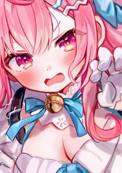 1girl bell blue_bow blue_ribbon blush bow breasts cleavage dress extra_ears gloves hair_bow hair_ornament hairclip highres indie_virtual_youtuber jingle_bell large_breasts long_hair looking_at_viewer maid neck_bell neck_ribbon open_mouth pink_eyes pink_hair rachip ribbon solo suspenders virtual_youtuber white_dress white_gloves yuuki_sakuna yuuki_sakuna_(3rd_costume)