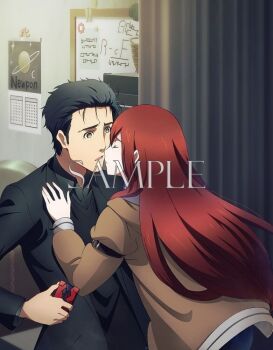 Rule 34 | 1boy, 1girl, anime coloring, belt, black hair, black jacket, black shirt, brown hair, brown jacket, cellphone, closed eyes, couch, curtains, facial hair, hand on another's chest, hetero, holding, holding phone, imminent kiss, indoors, jacket, long hair, long sleeves, looking at another, makise kurisu, official art, okabe rintarou, okabe rintarou (beta), open mouth, parted lips, phone, poster (object), sample watermark, science adventure, shirt, smartphone, standing, steins;gate, steins;gate 0, stubble, surprised, upper body, watermark, whiteboard, yellow eyes