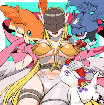 1girl absurdres angel angel_wings angewomon aqua_background asymmetrical_clothes bare_shoulders belt black_belt blonde_hair bodysuit boobplate breastplate breasts cleavage clothing_cutout commentary covered_eyes cowboy_shot creature digimon digimon_(creature) english_commentary feathered_wings gloves gomamon hagoromo headpat helmet helmet_over_eyes highres large_breasts long_hair lower_teeth_only multiple_wings navel o-ring o-ring_belt open_mouth patamon picodevimon samba_master shawl skindentation smile stomach stomach_cutout teeth thigh_belt thigh_strap white_bodysuit white_gloves winged_helmet wings wrist_wings zipper