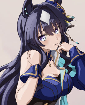 Rule 34 | 1girl, absurdres, animal ears, asymmetrical clothes, asymmetrical jacket, blue dress, blue eyes, blue hair, blush, breasts, cleavage, commentary request, dress, ear covers, ears through headwear, hair between eyes, highres, horse ears, horse girl, long hair, looking at viewer, masasim, medium breasts, mole, mole under eye, multicolored hair, simple background, solo, umamusume, upper body, verxina (le beau sommet) (umamusume), verxina (umamusume)