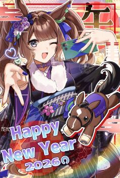 2026 animal_ears belt black_kimono blue_eyes blush breasts brown_hair collar commentary_request creature_and_personification ear_flower ear_ornament floral_print floral_print_kimono happy_new_year highres holding holding_phone horse_ears horse_girl horse_tail japanese_clothes kimono long_hair long_sleeves looking_at_viewer multicolored_nails new_year obi one_eye_closed open_mouth personification phone print_kimono purple_belt purple_collar sash smile tail tosen_jordan_(racehorse) tosen_jordan_(umamusume) toumyao_neko twintails umamusume v