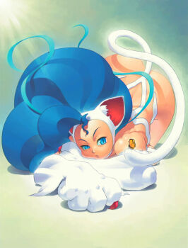 1girl animal_ears animal_hands ass big_hair blue_eyes blue_hair body_fur bug butterfly cat_ears cat_girl cat_tail claws darkstalkers felicia_(darkstalkers) fluffy_hair highres insect ishikawa_hideki light_rays long_hair official_art second-party_source slit_pupils solo spider squatting tail top-down_bottom-up uneven_eyes white_tail