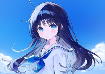 1girl blue_hair blue_neckerchief blue_sky from_side highres light_blush long_hair looking_at_viewer neckerchief original outdoors parted_lips sailor_collar school_uniform serafuku shirt sky solo syunmin_n000 twitter_username upper_body white_sailor_collar white_serafuku white_shirt