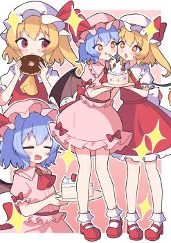 +_+ 2girls :o :q =_= bat_wings blonde_hair blue_hair blush bobby_socks border bow cake chocolate_donut commentary_request commission crystal_wings donut drooling flandre_scarlet food frilled_hat frilled_sailor_collar frilled_sleeves frills hair_bow hat hat_ribbon heads_together highres holding holding_food looking_at_food mary_janes masakamea mob_cap mouth_drool multiple_girls multiple_views one_side_up outline petticoat pink_hat pink_shirt pink_skirt puffy_short_sleeves puffy_sleeves red_bow red_ribbon red_shoes red_skirt red_vest remilia_scarlet ribbon sailor_collar shirt shoes short_sleeves siblings sisters skeb_commission skirt skirt_set smile socks sparkle strawberry_cake tongue tongue_out touhou vest white_border white_hat white_outline white_shirt white_socks wings