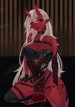 Rule 34 | 1girl, akumi (yoclesh), asymmetrical gloves, black nails, breasts, colored skin, commentary, earrings, fingerless gloves, gloves, hair between eyes, highres, horns, indie virtual youtuber, jewelry, kneeling, large breasts, long hair, looking at viewer, oni, pointy ears, red horns, red oni, red skin, scar, scar on chest, scar on face, scar on leg, see-through cleavage, see-through clothes, solo, thigh strap, thighs, untranslatable commentary, virtual youtuber, white hair, yellow eyes, yokossketchbook